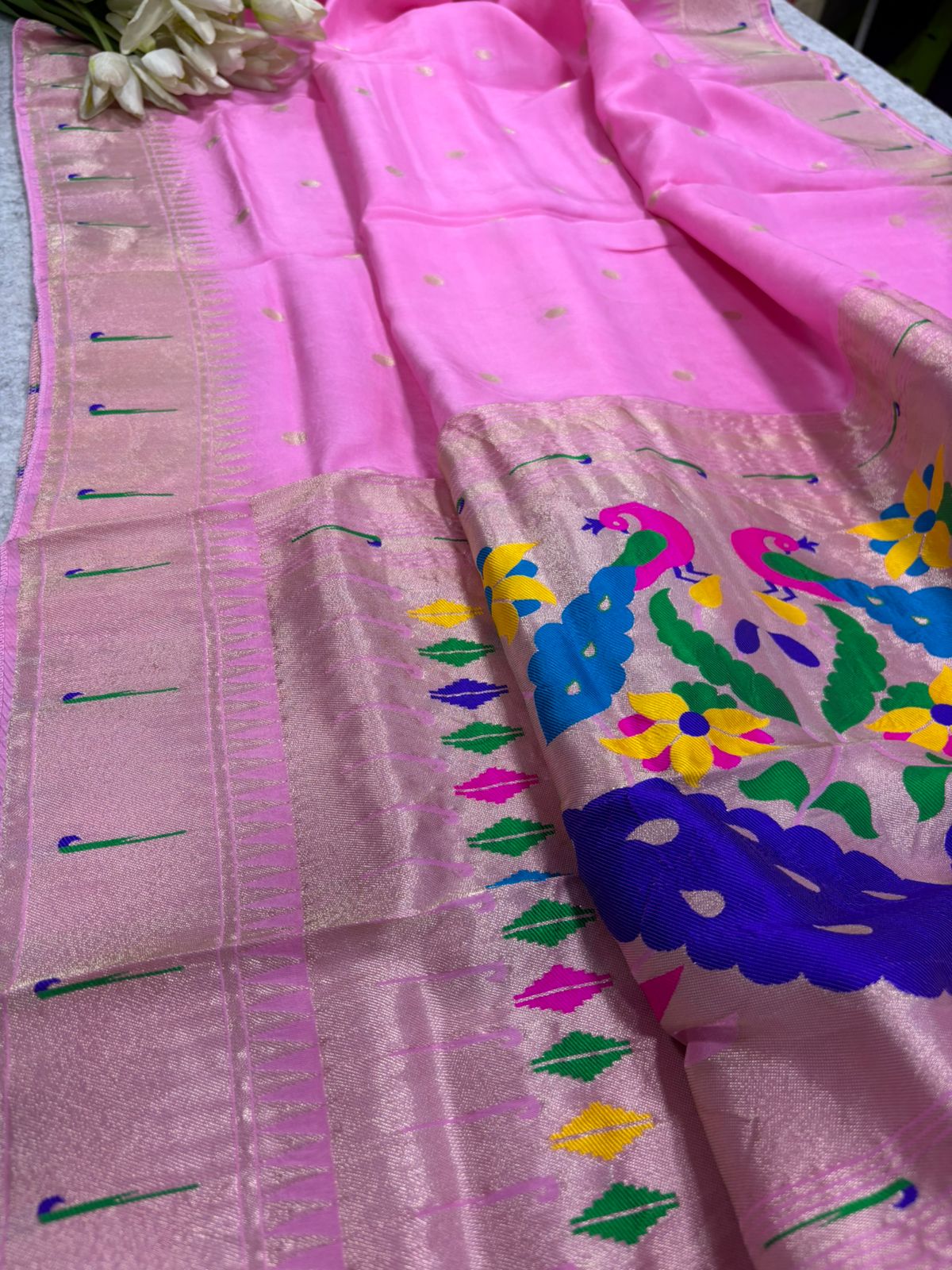 Pink Paithani Silk Flower & Peacock Design Dupatta - Luxurion World