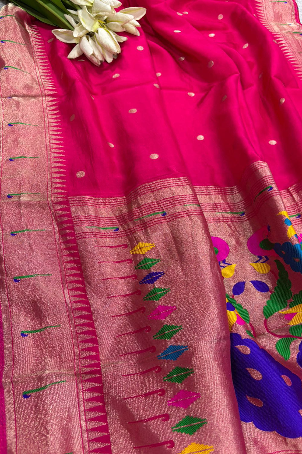 Pink Paithani Silk Flower & Peacock Design Dupatta - Luxurion World