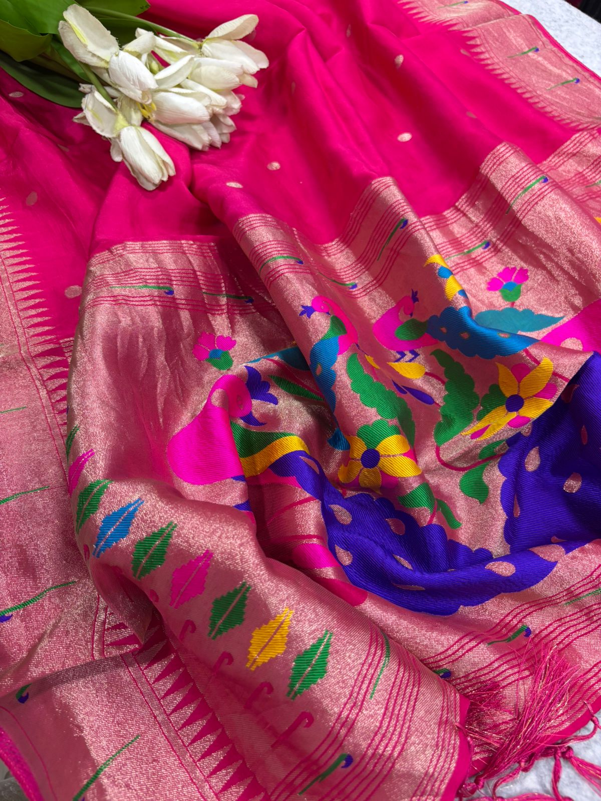 Pink Paithani Silk Flower & Peacock Design Dupatta - Luxurion World