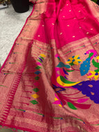 Pink Paithani Silk Flower & Peacock Design Dupatta - Luxurion World