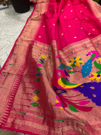 Pink Paithani Silk Flower & Peacock Design Dupatta - Luxurion World