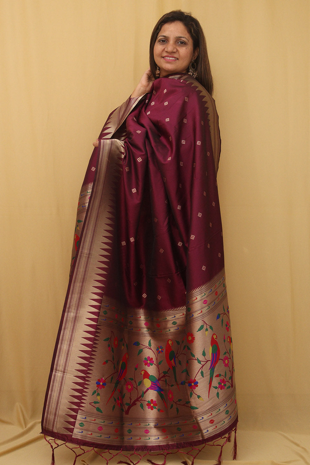Elegant Maroon Paithani Silk Bird & Floral Design Dupatta - Luxurion World