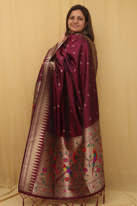 Elegant Maroon Paithani Silk Bird & Floral Design Dupatta - Luxurion World