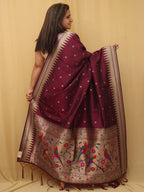 Elegant Maroon Paithani Silk Bird & Floral Design Dupatta - Luxurion World