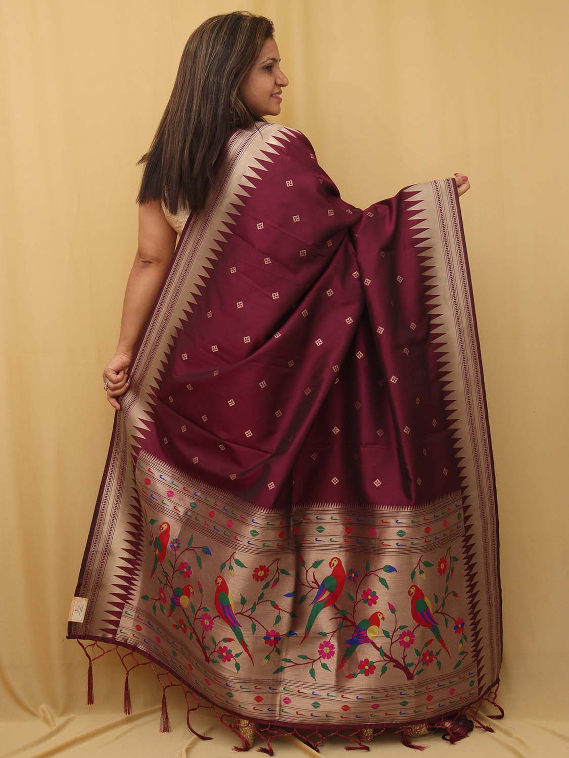 Elegant Maroon Paithani Silk Bird & Floral Design Dupatta - Luxurion World