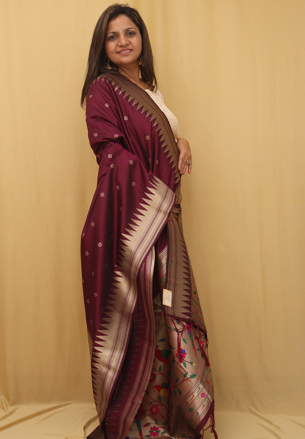 Elegant Maroon Paithani Silk Bird & Floral Design Dupatta - Luxurion World