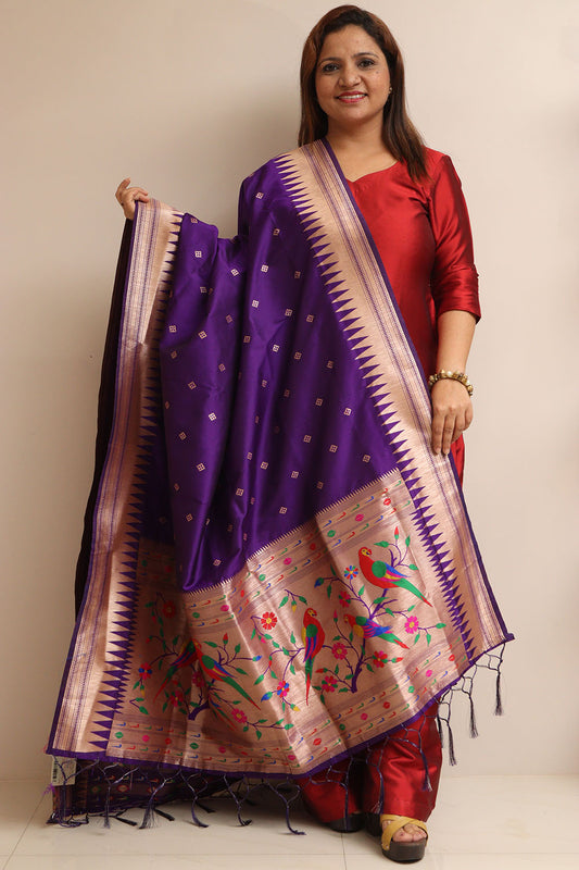 Purple Paithani Silk Parrot And Floral Design Dupatta - Luxurion World