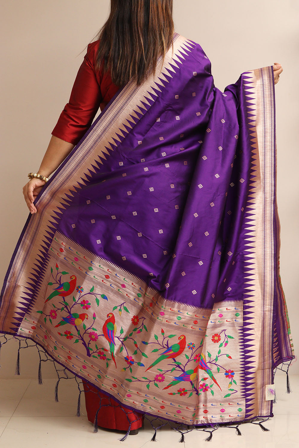 Purple Paithani Silk Parrot And Floral Design Dupatta - Luxurion World