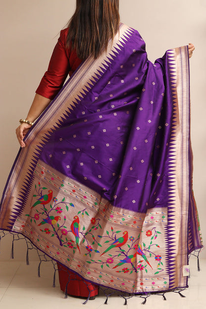Purple Paithani Silk Parrot And Floral Design Dupatta - Luxurion World