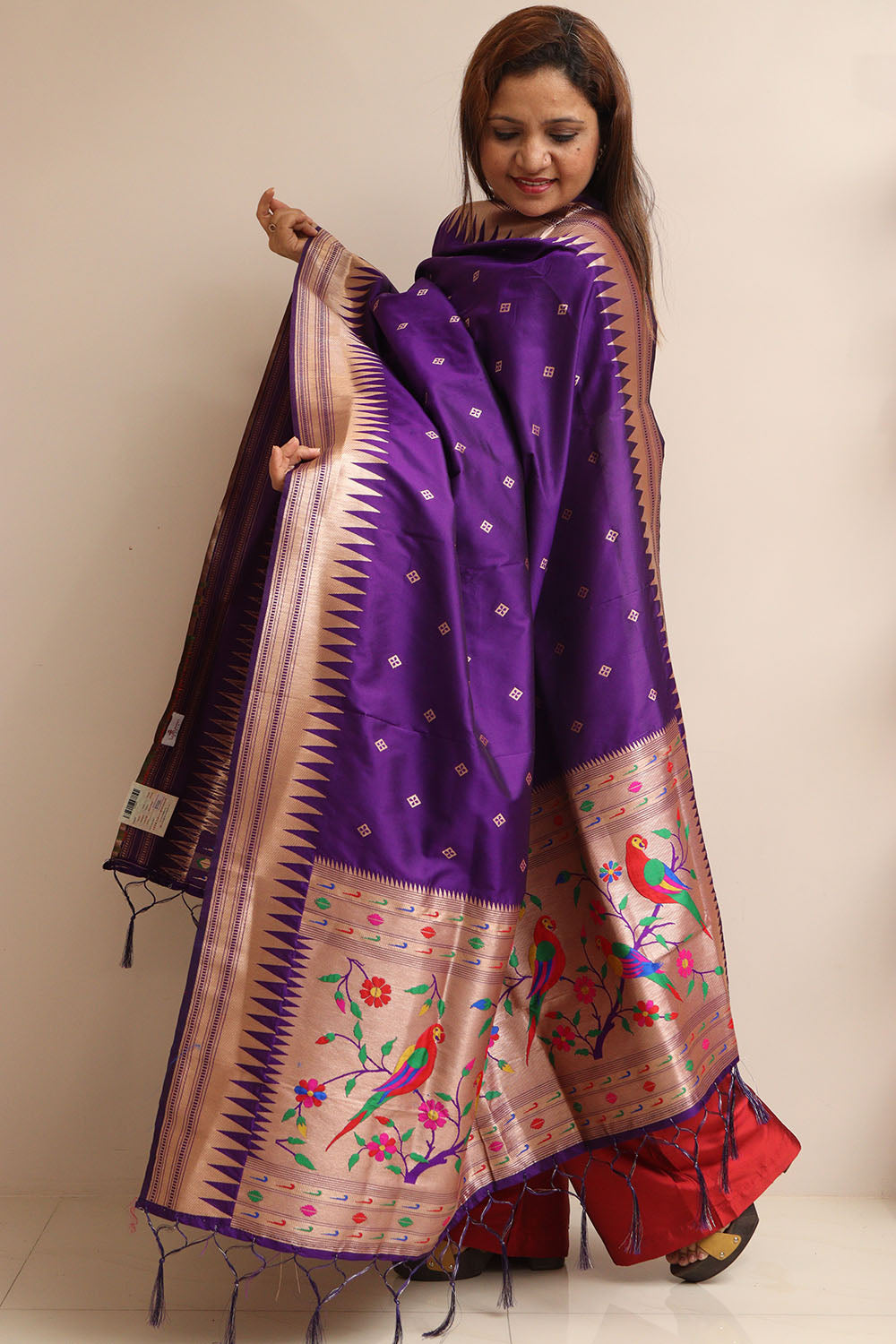 Purple Paithani Silk Parrot And Floral Design Dupatta - Luxurion World