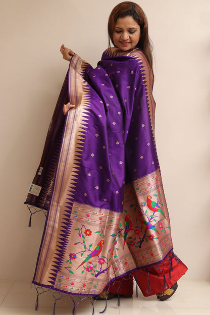 Purple Paithani Silk Parrot And Floral Design Dupatta - Luxurion World