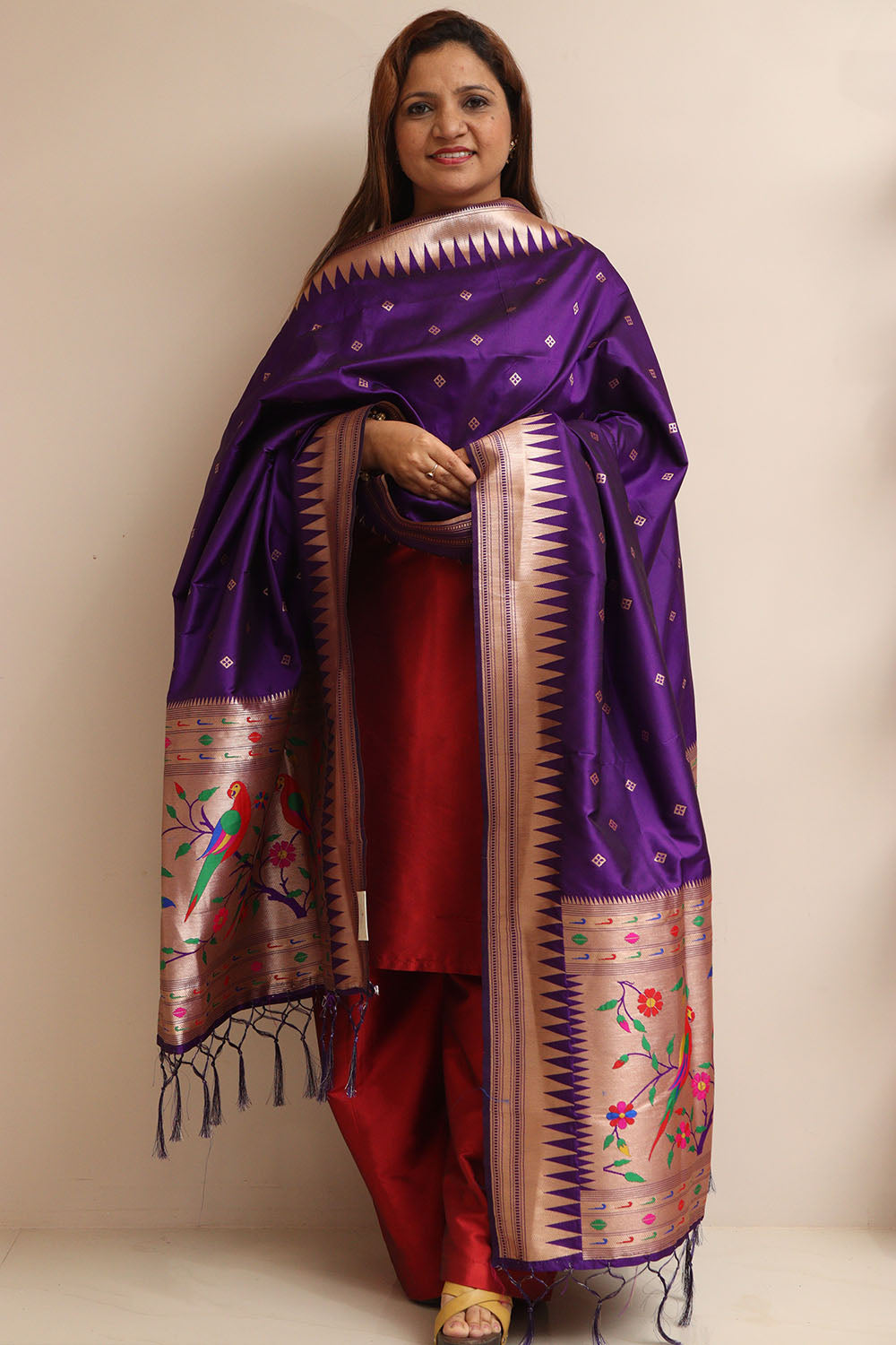 Purple Paithani Silk Parrot And Floral Design Dupatta - Luxurion World