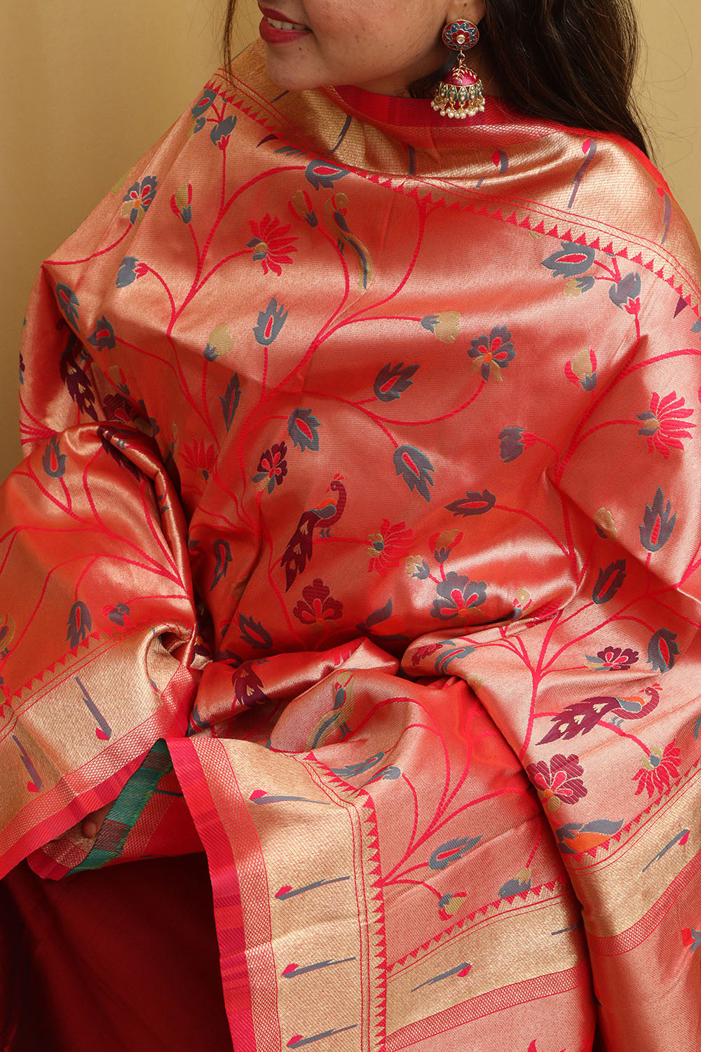 Pink Paithani Silk Peacock & Floral Dupatta - Luxurion World