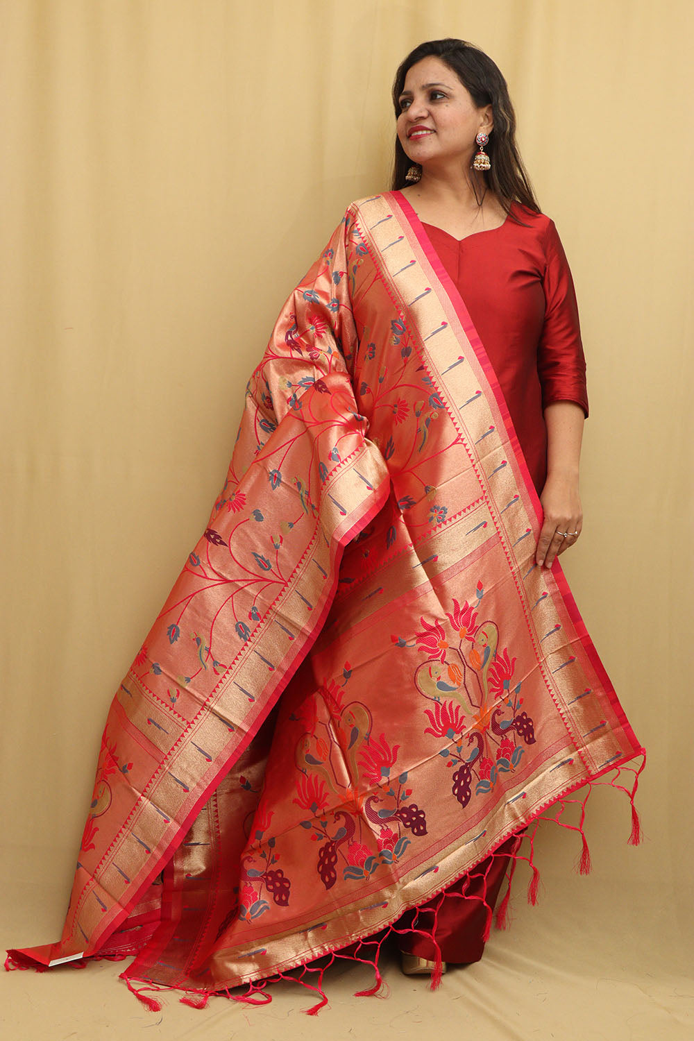 Pink Paithani Silk Peacock & Floral Dupatta - Luxurion World