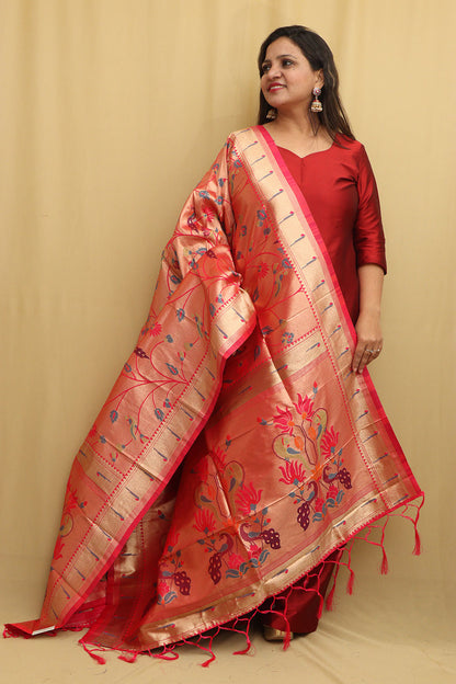 Pink Paithani Silk Peacock & Floral Dupatta - Luxurion World
