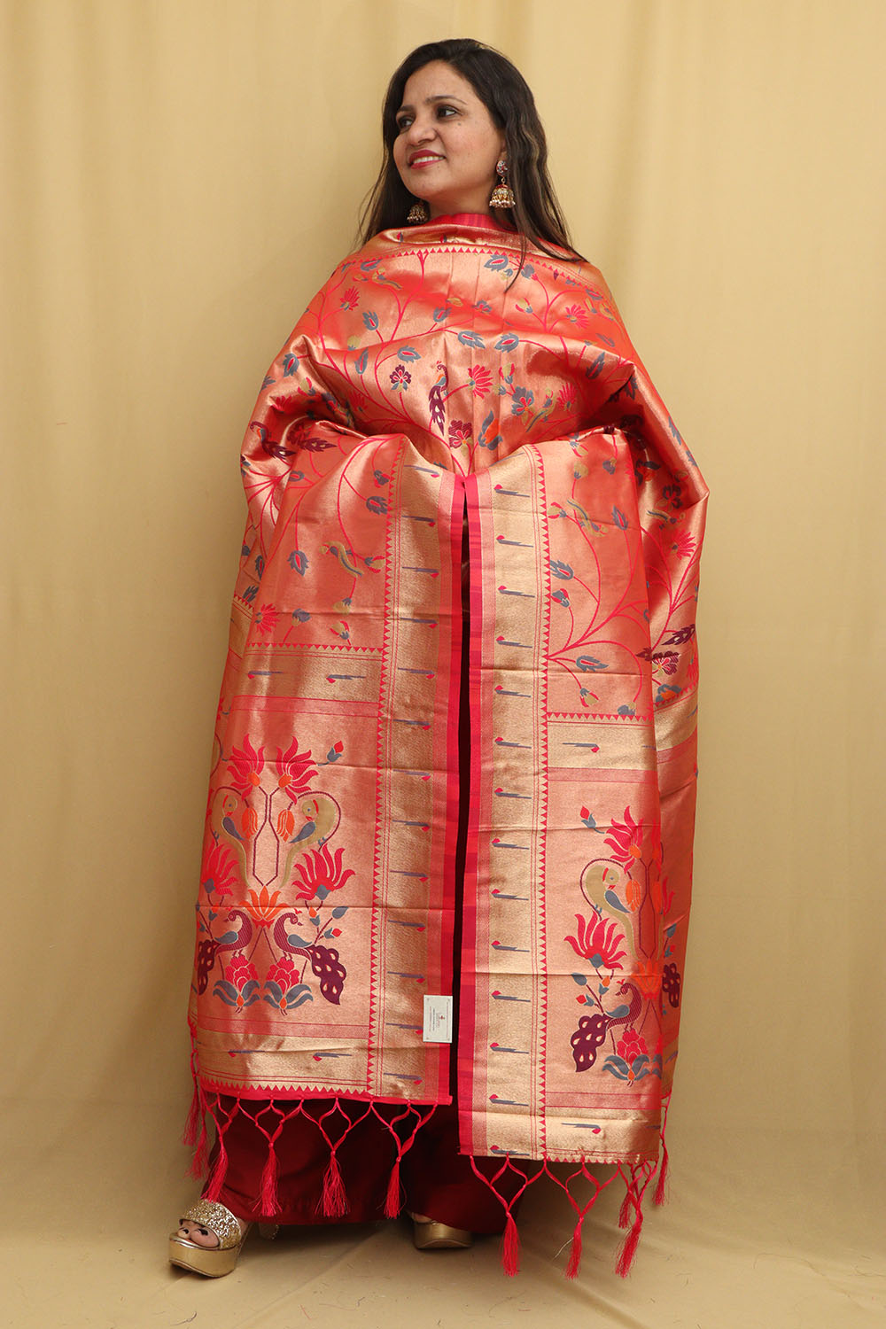 Pink Paithani Silk Peacock & Floral Dupatta - Luxurion World