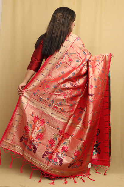 Pink Paithani Silk Peacock & Floral Dupatta - Luxurion World