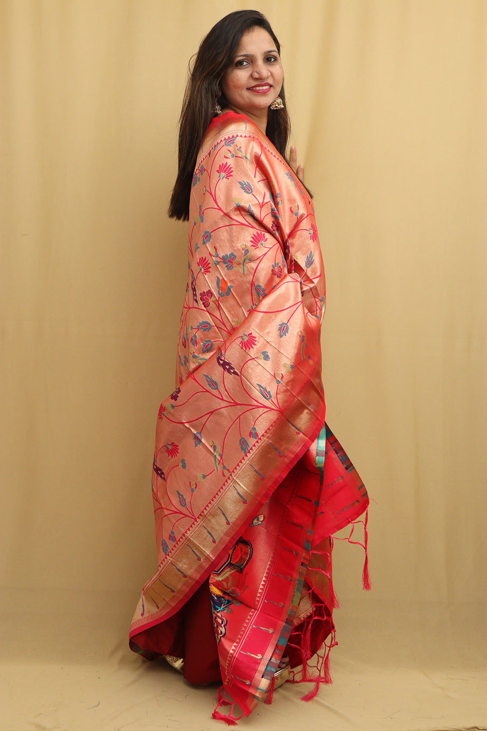 Pink Paithani Silk Peacock & Floral Dupatta - Luxurion World