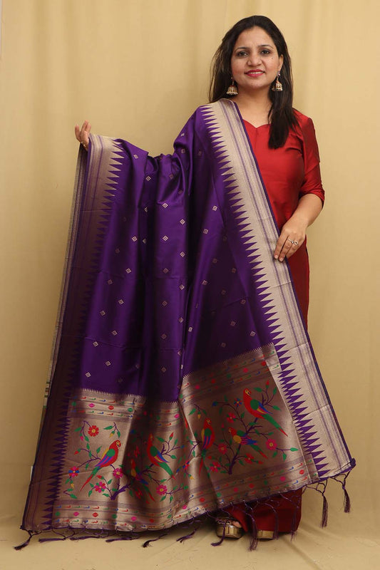 Elegant Purple Paithani Silk Dupatta with Parrot and Floral Design