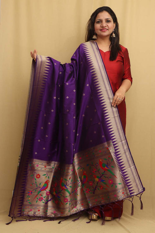 Elegant Purple Paithani Silk Dupatta with Parrot and Floral Design - Luxurion World