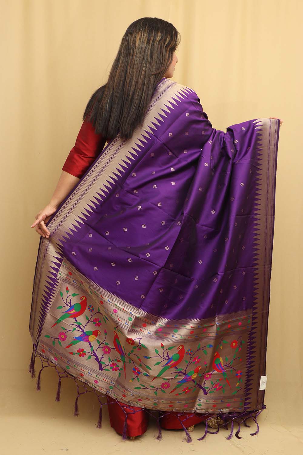 Elegant Purple Paithani Silk Dupatta with Parrot and Floral Design - Luxurion World