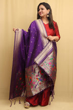 Elegant Purple Paithani Silk Dupatta with Parrot and Floral Design - Luxurion World