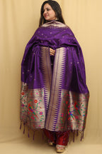 Elegant Purple Paithani Silk Dupatta with Parrot and Floral Design - Luxurion World