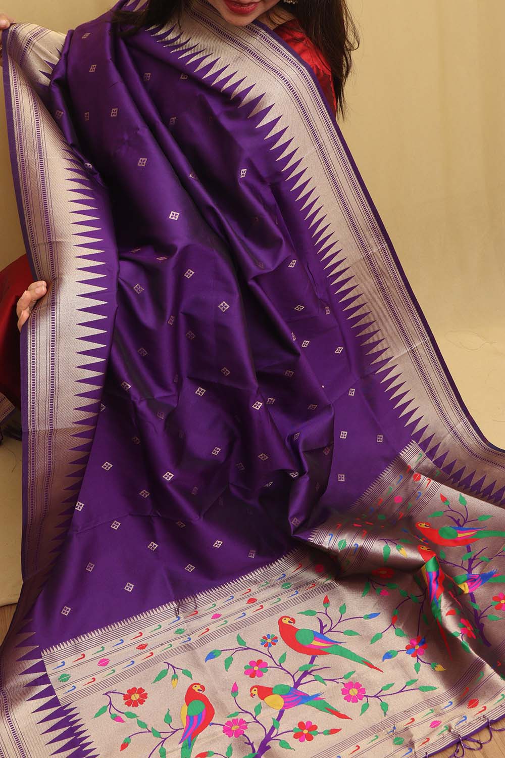 Elegant Purple Paithani Silk Dupatta with Parrot and Floral Design - Luxurion World