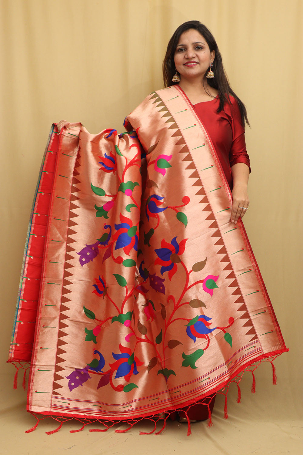 Elegant Red Paithani Silk Peacock & Floral Dupatta - Luxurion World