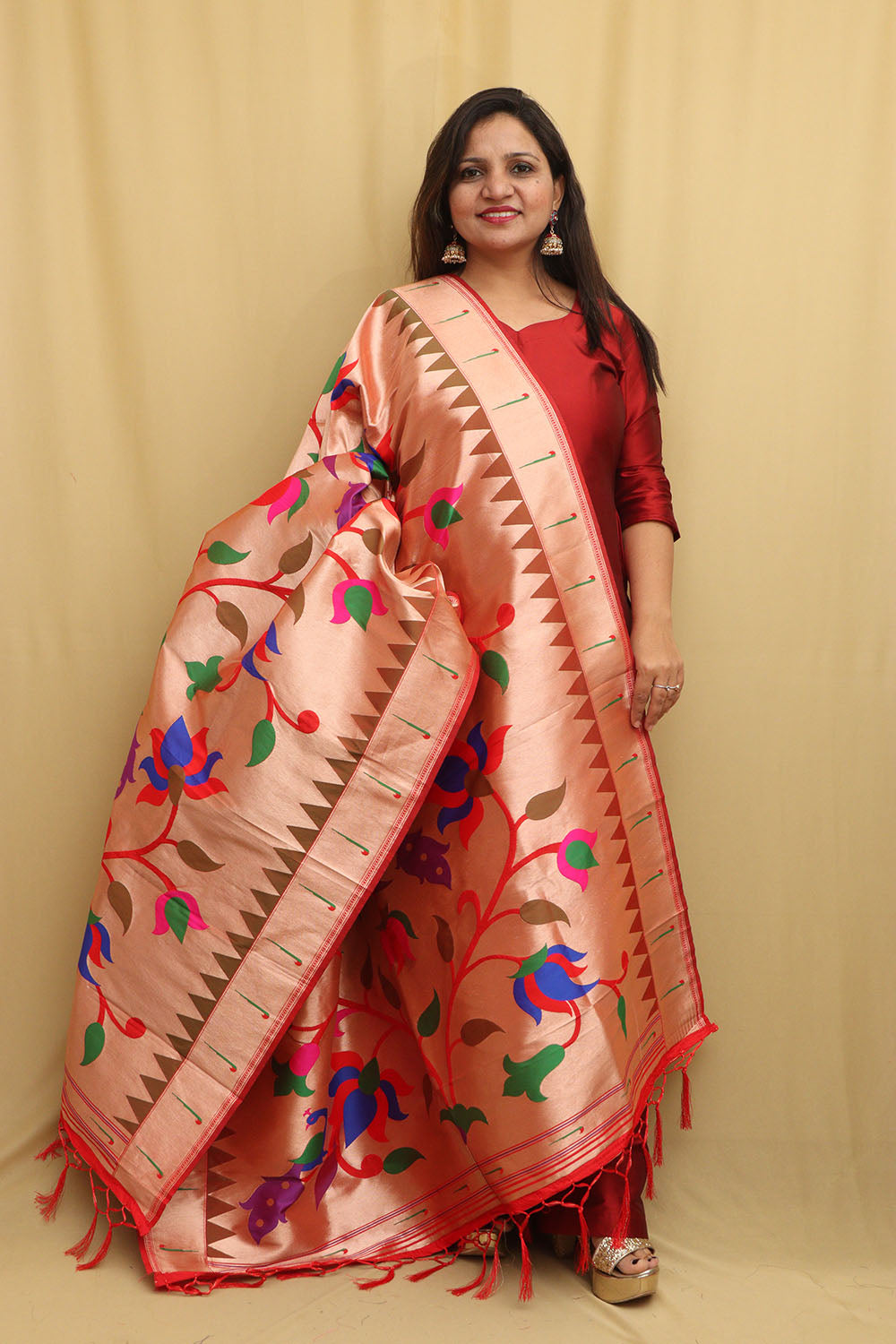 Elegant Red Paithani Silk Peacock & Floral Dupatta - Luxurion World