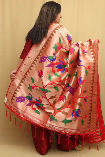 Elegant Red Paithani Silk Peacock & Floral Dupatta - Luxurion World
