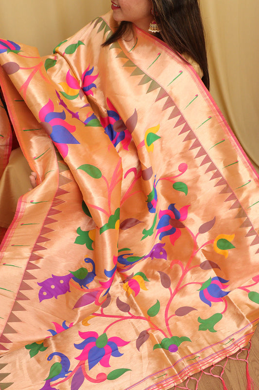 Stunning Pink Paithani Silk Dupatta with Peacock and Floral Design