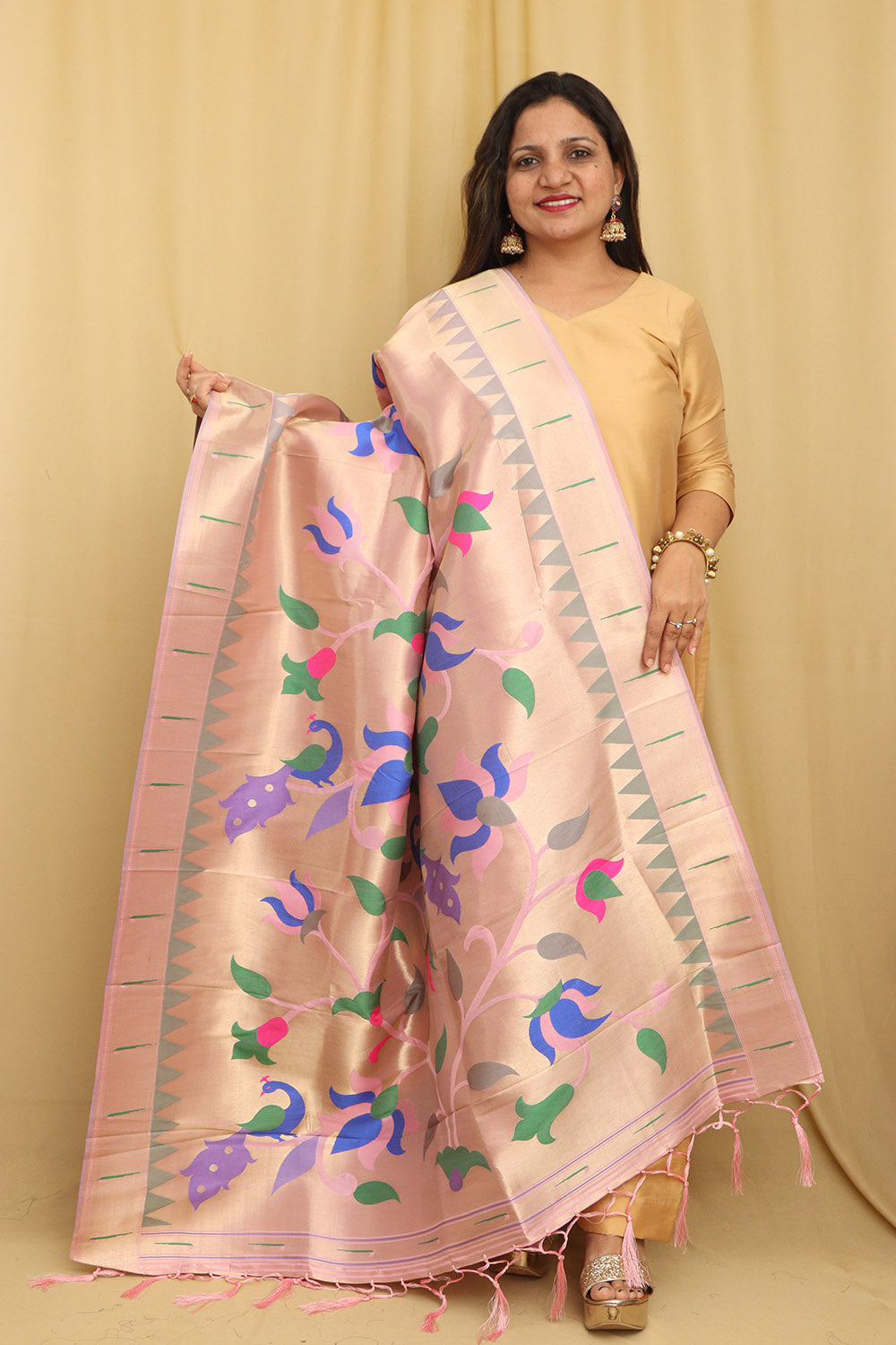 Peacock & Floral Pink Paithani Silk Dupatta - Luxurion World
