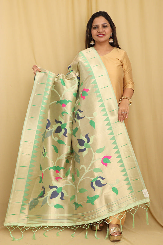 Green Paithani Silk Peacock & Floral Dupatta - Luxurion World