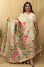 Exquisite Off White Paithani Silk Dupatta with Peacock Design - Luxurion World