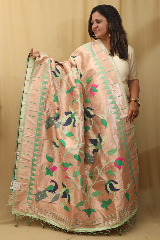 Green Paithani Silk Peacock Floral Dupatta - Luxurion World