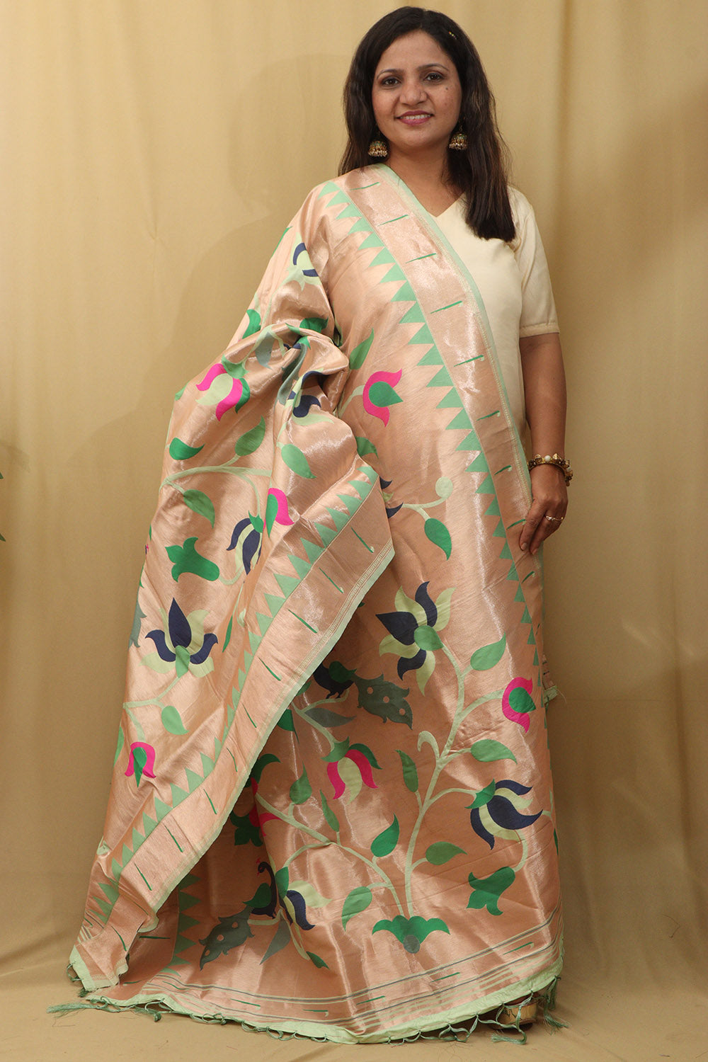Green Paithani Silk Peacock Floral Dupatta - Luxurion World