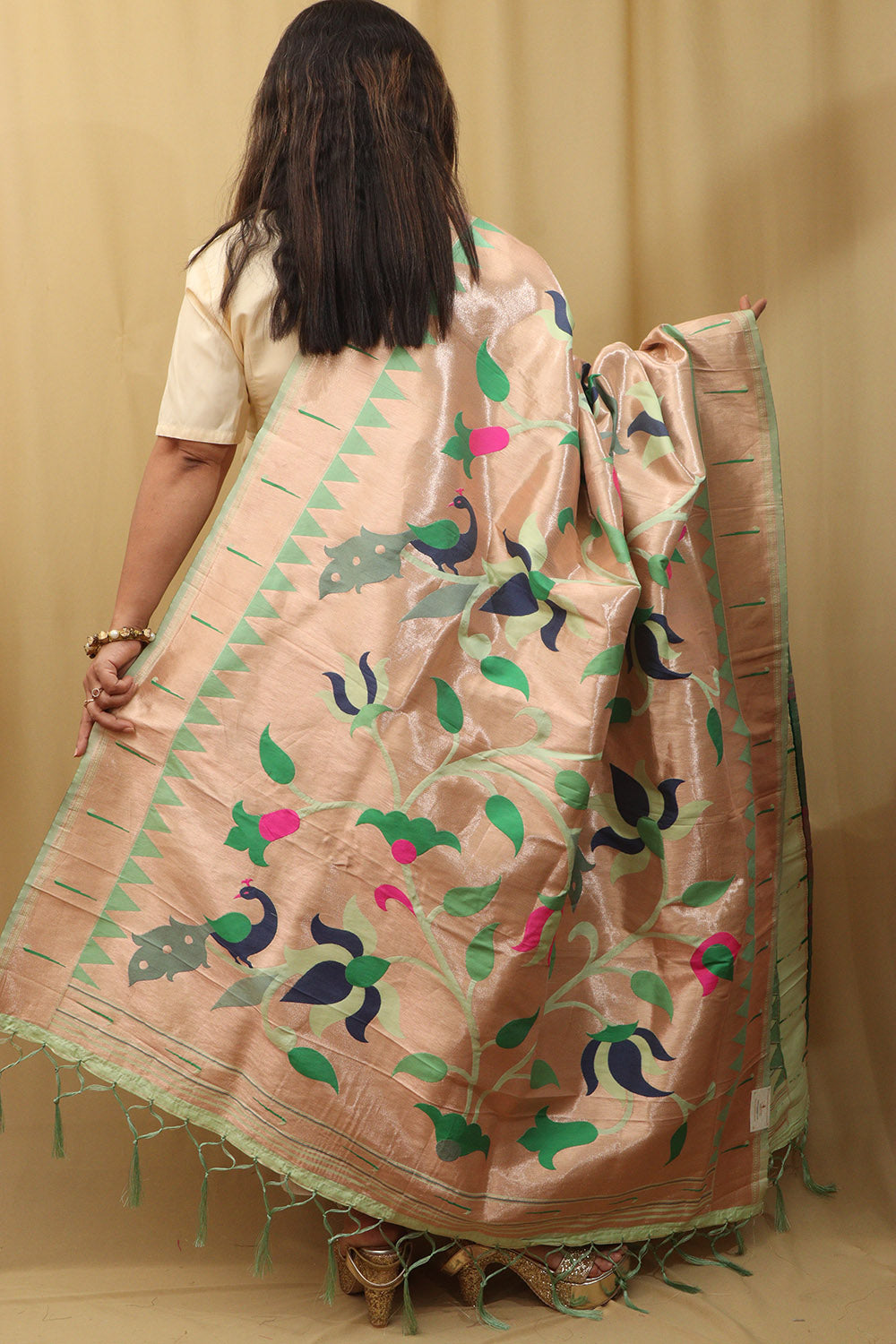 Green Paithani Silk Peacock Floral Dupatta - Luxurion World