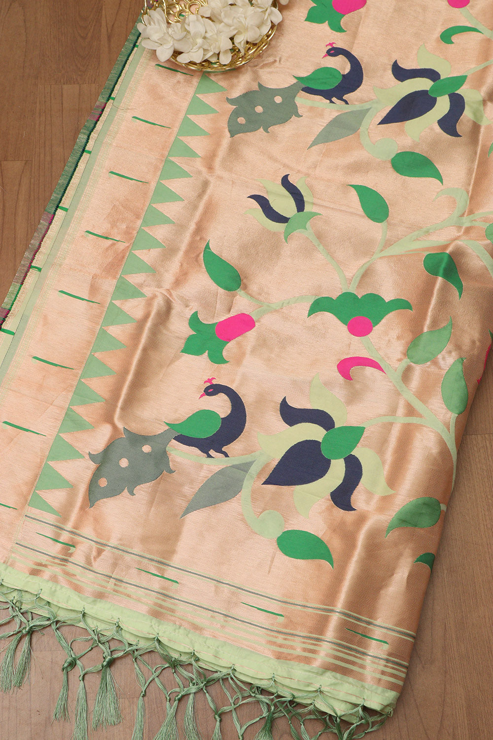 Green Paithani Silk Peacock Floral Dupatta - Luxurion World