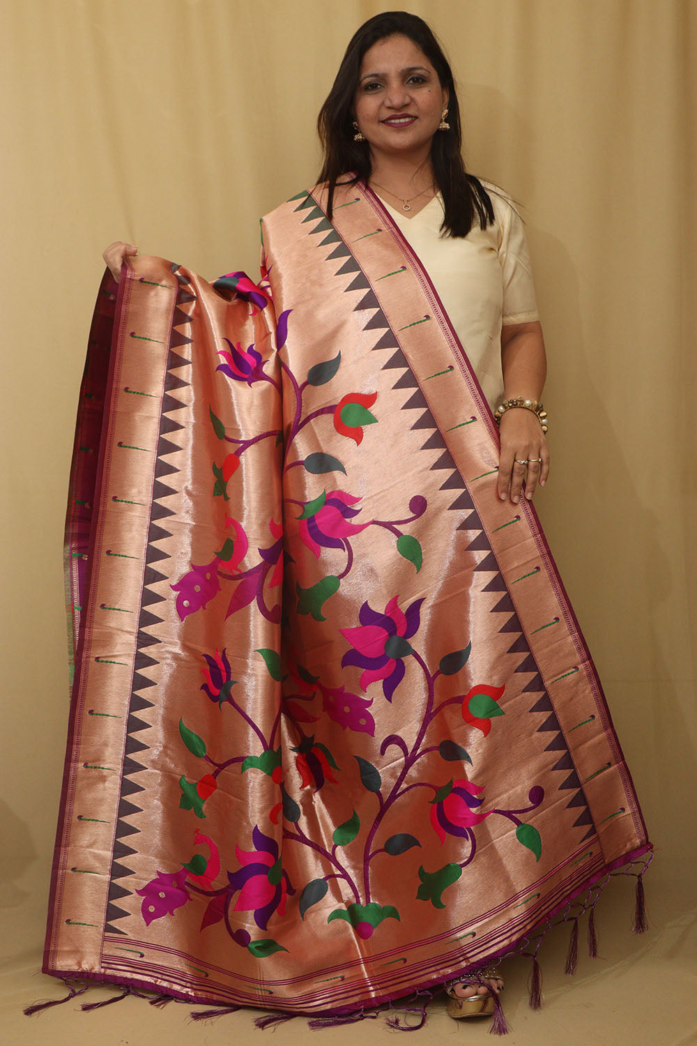 Exquisite Purple Paithani Silk Dupatta with Peacock & Floral Design - Luxurion World