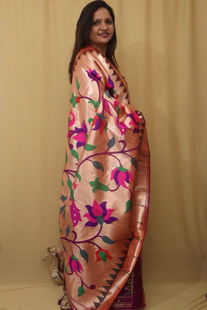 Exquisite Purple Paithani Silk Dupatta with Peacock & Floral Design - Luxurion World