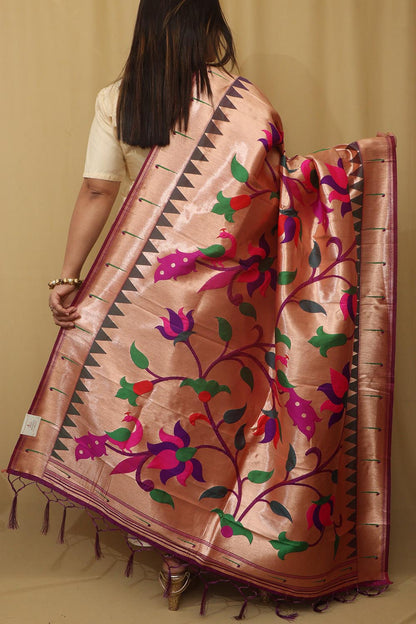 Exquisite Purple Paithani Silk Dupatta with Peacock & Floral Design - Luxurion World