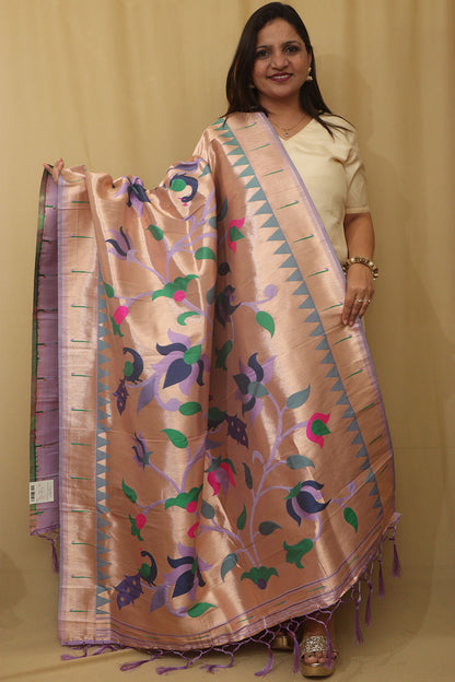 Exquisite Purple Paithani Silk Dupatta with Peacock & Floral Design - Luxurion World