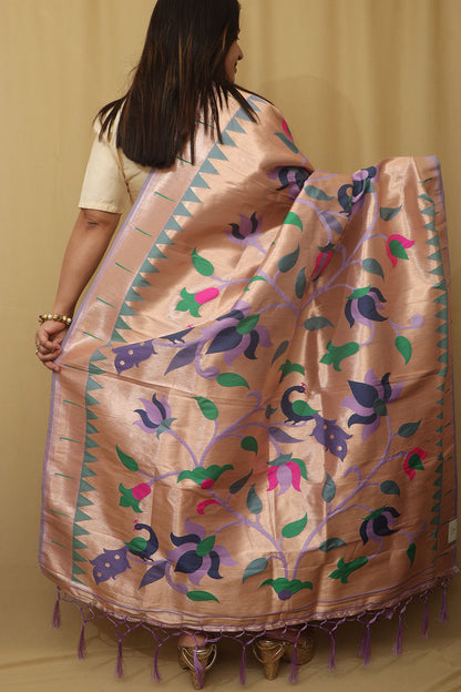 Exquisite Purple Paithani Silk Dupatta with Peacock & Floral Design - Luxurion World