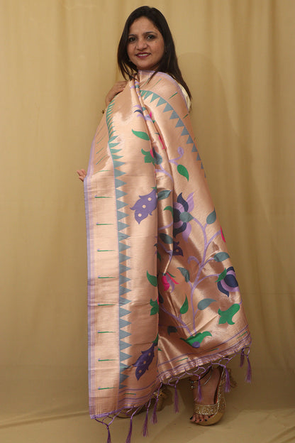 Exquisite Purple Paithani Silk Dupatta with Peacock & Floral Design - Luxurion World