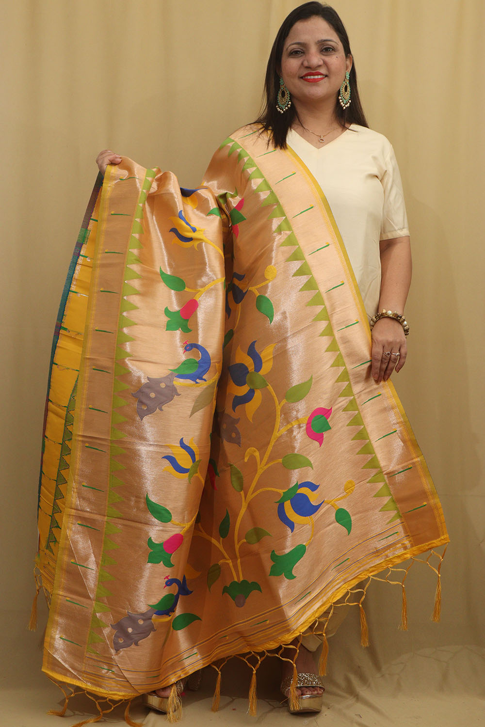 Exquisite Yellow Paithani Silk Dupatta with Peacock & Floral Design - Luxurion World