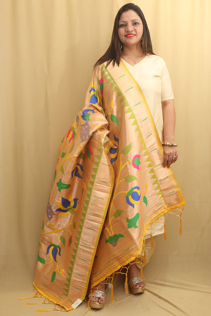 Exquisite Yellow Paithani Silk Dupatta with Peacock & Floral Design - Luxurion World