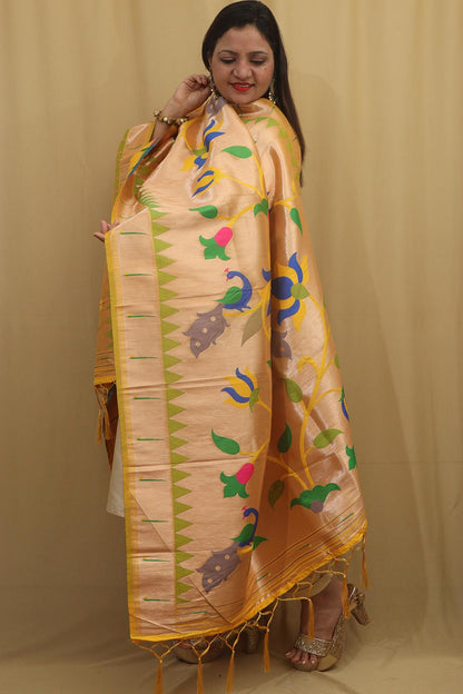 Exquisite Yellow Paithani Silk Dupatta with Peacock & Floral Design - Luxurion World