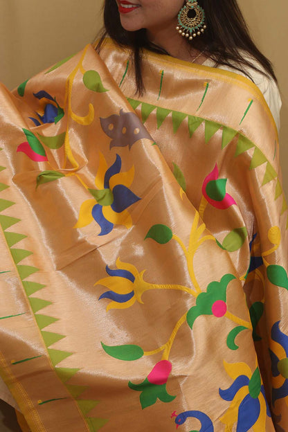 Exquisite Yellow Paithani Silk Dupatta with Peacock & Floral Design - Luxurion World