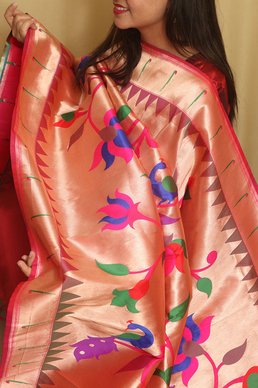 Stunning Pink And Golden Paithani Silk Floral Design Dupatta - Luxurion World